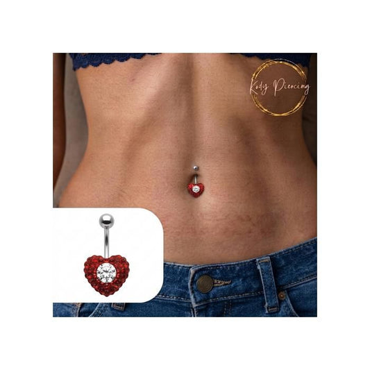 KODY PIERCING Piercing Nombril Coeur Rouge Cristal Barre 10mm Boule Acier - Passion Vibrante et Douceur Romantique