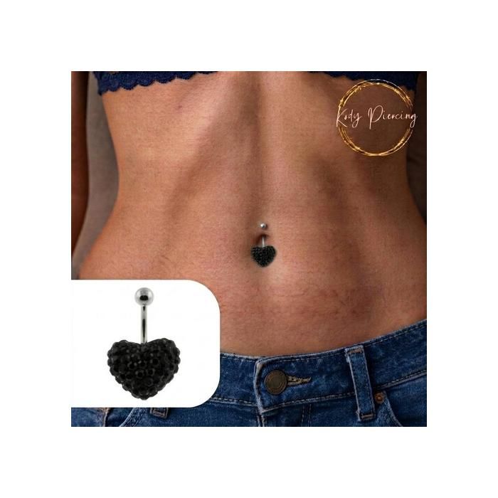 Kody Piercing - Bijou Cristal de Nombril Coeur de Cristal Noir Barre et Boule Acier – Mystère Intense et Grâce Souverain