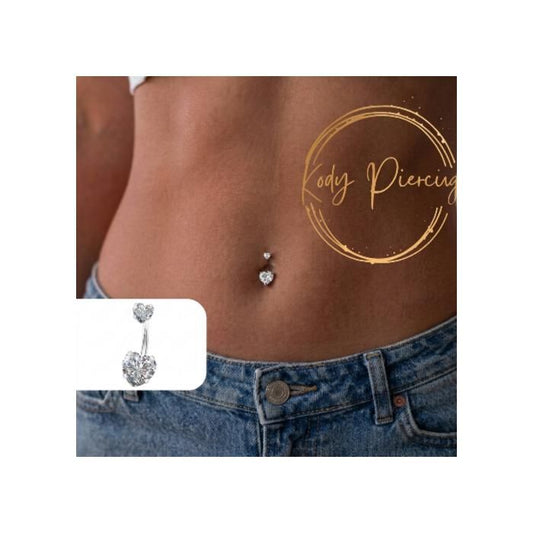 KODY PIERCING Piercing de Nombril KODY PIERCING Double Cœur Cristaux Blancs Acier 316L Tige 10 mm 14G – Blanc – Éclat Jo