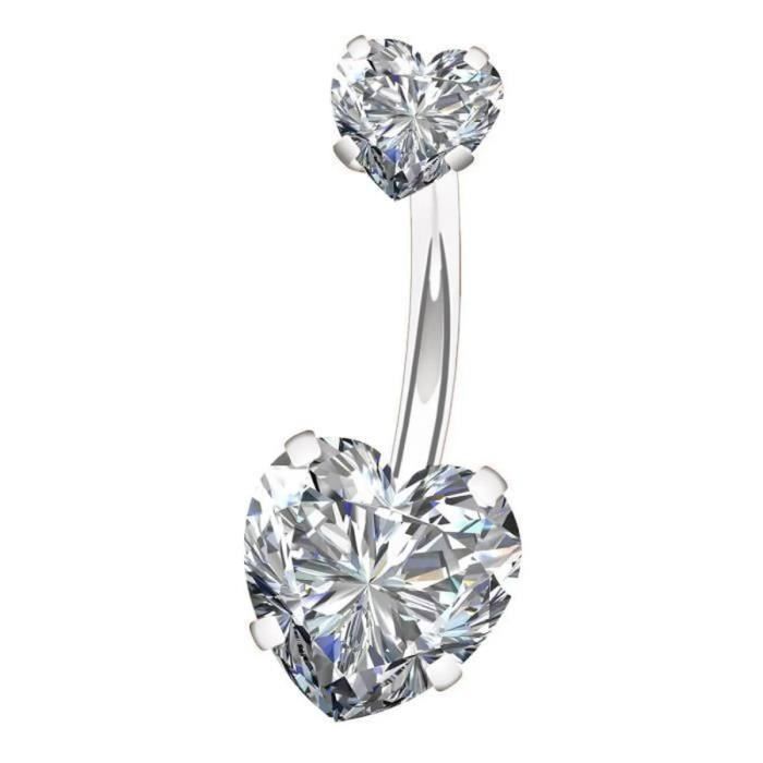 KODY PIERCING Piercing de Nombril KODY PIERCING Double Cœur Cristaux Blancs Acier 316L Tige 10 mm 14G – Blanc – Éclat Jo