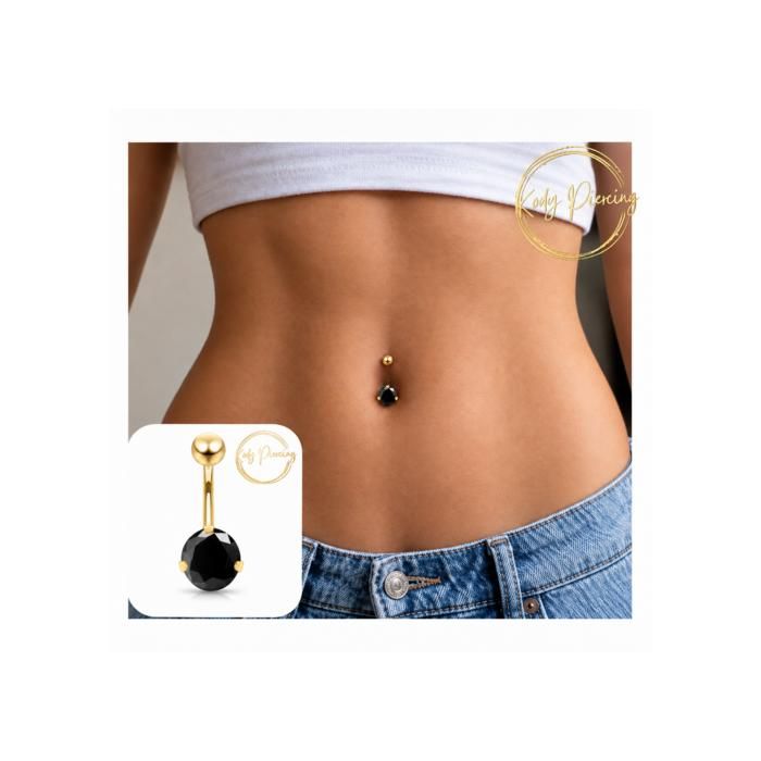 KODY PIERCING Nombril Banane Or Zirconium Noir Taillé 8mm Serti Griffes — Élégance Absolue