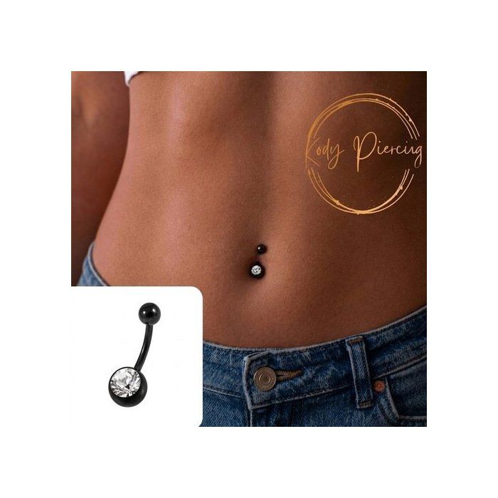 KODY PIERCING Nombril Banane Acier Noir Anodisé Cristal Blanc Taillé 8mm — Contraste Saisissant