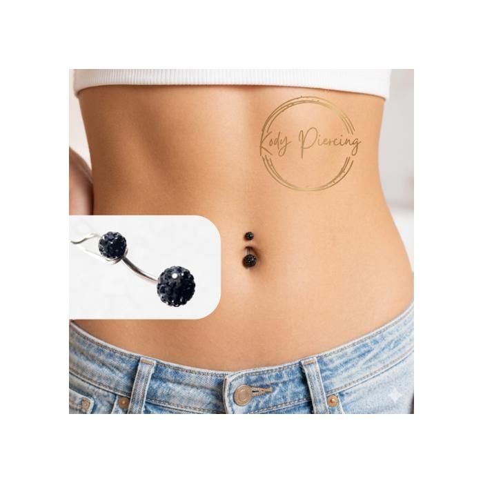 KODY PIERCING Piercing Nombril 2 Boules Cristal Noir Pavé Acier Chirurgical - Mystère Nocturne et Éclat Intense