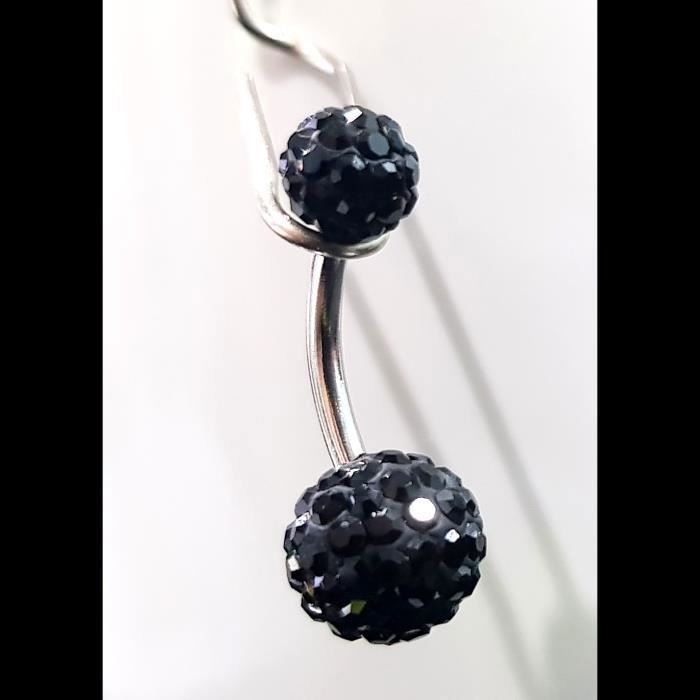 KODY PIERCING Piercing Nombril 2 Boules Cristal Noir Pavé Acier Chirurgical - Mystère Nocturne et Éclat Intense