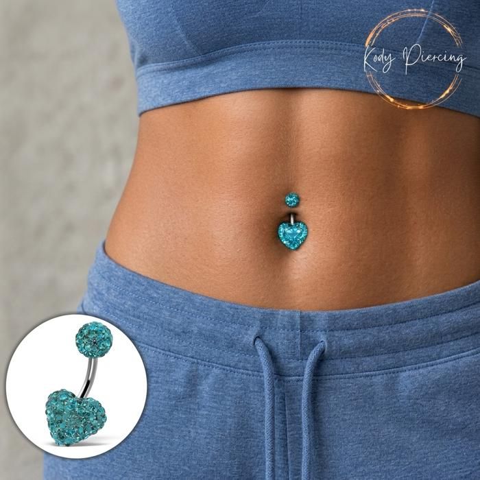 Kody Piercing - Piercing Nombril Cœur Cristal Bleu Turquoise Pavé Boule Cristal Acier – Éclat Aquatique et Grâce Souvera
