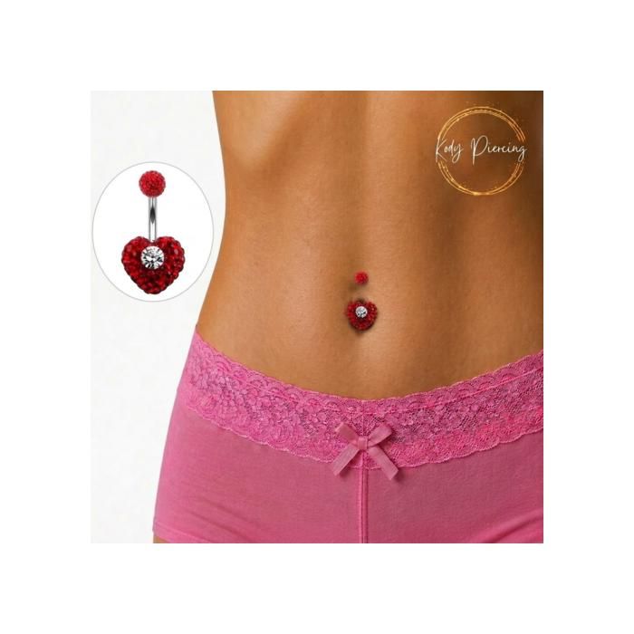 KODY PIERCING Piercing Nombril Coeur Rouge Cristal Barre 10mm Boule Rouge Pavée Acier - Passion Intense et Douceur Roman