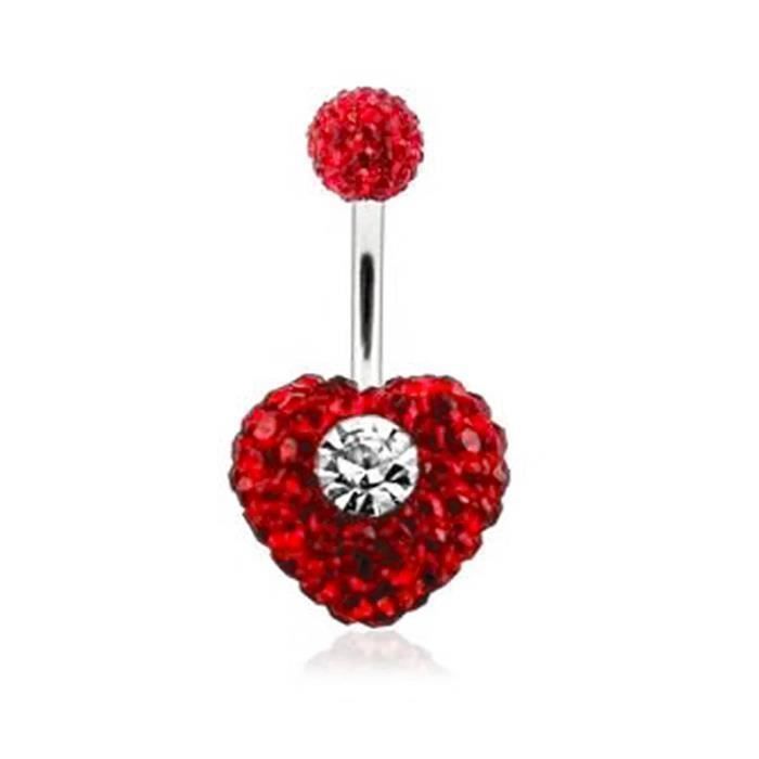 KODY PIERCING Piercing Nombril Coeur Rouge Cristal Barre 10mm Boule Rouge Pavée Acier - Passion Intense et Douceur Roman
