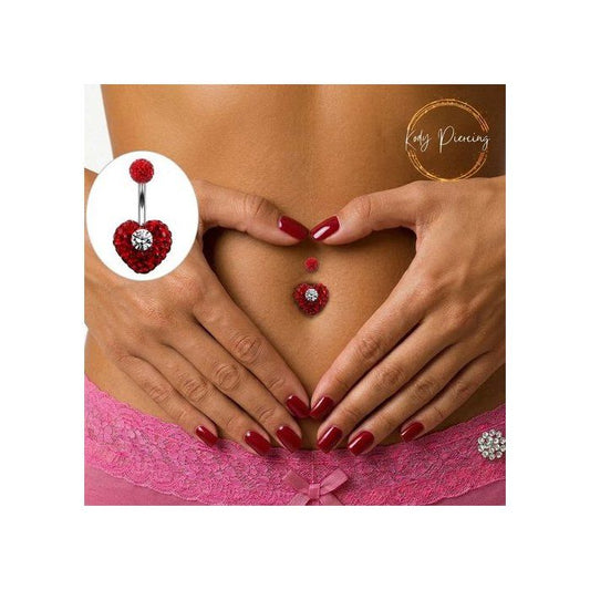 KODY PIERCING Piercing Nombril Coeur Rouge Cristal Barre 10mm Boule Rouge Pavée Acier - Passion Intense et Douceur Roman