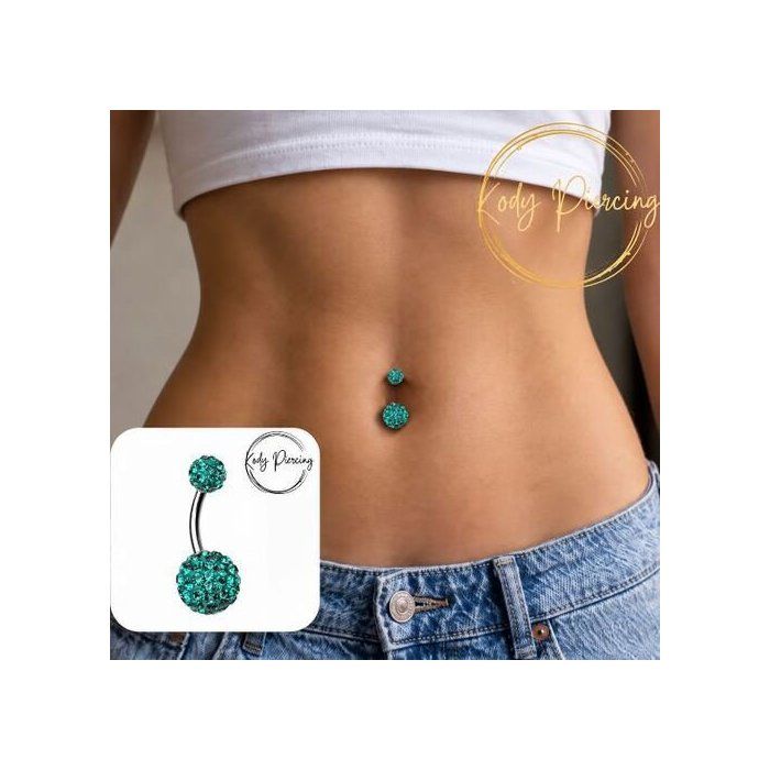 KODY PIERCING Piercing Nombril 2 Boules Cristal Vert Turquoise Pavé Acier Chirurgical 8mm - Pureté Océanique et Éclat Hy