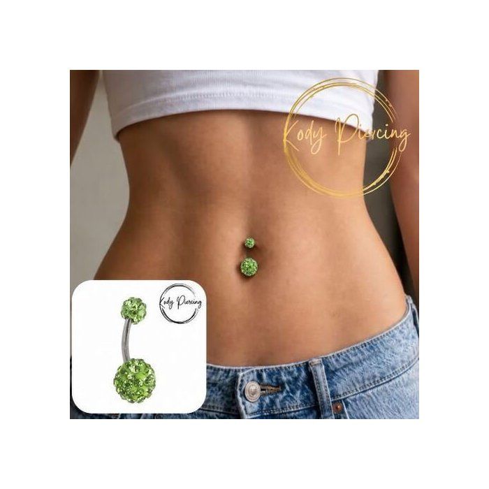 KODY PIERCING Piercing Nombril Bijou Corps Stylé Tendance Double Boule Pavé Cristal Vert Clair Chic Glamour Acier Chirur