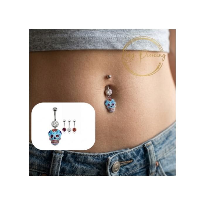 KODY PIERCING Piercing Nombril Crâne Mexicain Bleu Cristal Blanc | Élégance Poétique et Pureté Lumineuse
