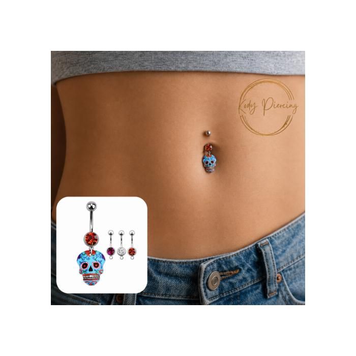 KODY PIERCING Piercing Nombril Crâne Mexicain Bleu Cristal Rouge | Raffinement Bohème et Éclat Festif