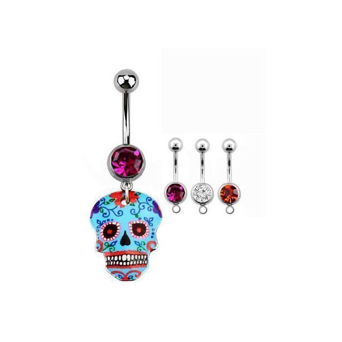 KODY PIERCING Piercing Nombril Crâne Mexicain Bleu Cristal Acier Chirurgical Pendentif – Raffinement Bohème et Confort P