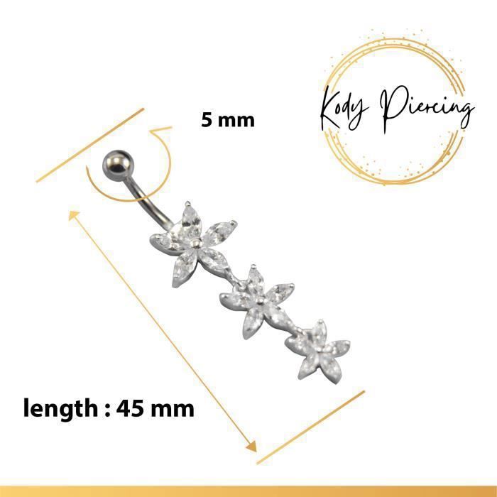 KODY PIERCING Piercing Nombril Argent 925 Triple Fleur Zircon Blanc – Pureté Cristalline et Grâce Souveraine