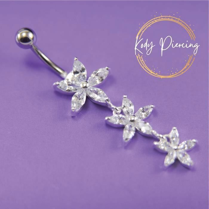 KODY PIERCING Piercing Nombril Argent 925 Triple Fleur Zircon Blanc – Pureté Cristalline et Grâce Souveraine