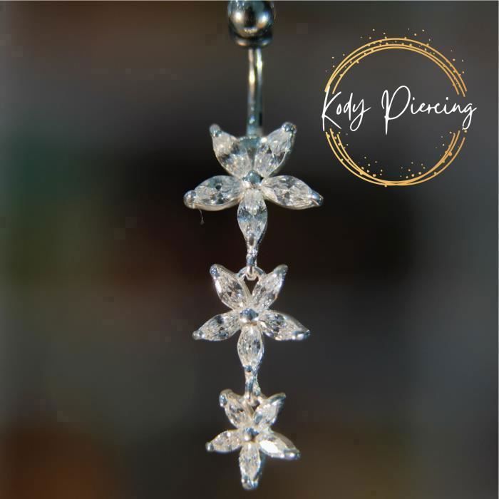 KODY PIERCING Piercing Nombril Argent 925 Triple Fleur Zircon Blanc – Pureté Cristalline et Grâce Souveraine