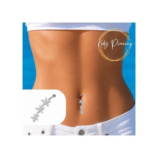 KODY PIERCING Piercing Nombril Argent 925 Triple Fleur Zircon Blanc – Pureté Cristalline et Grâce Souveraine