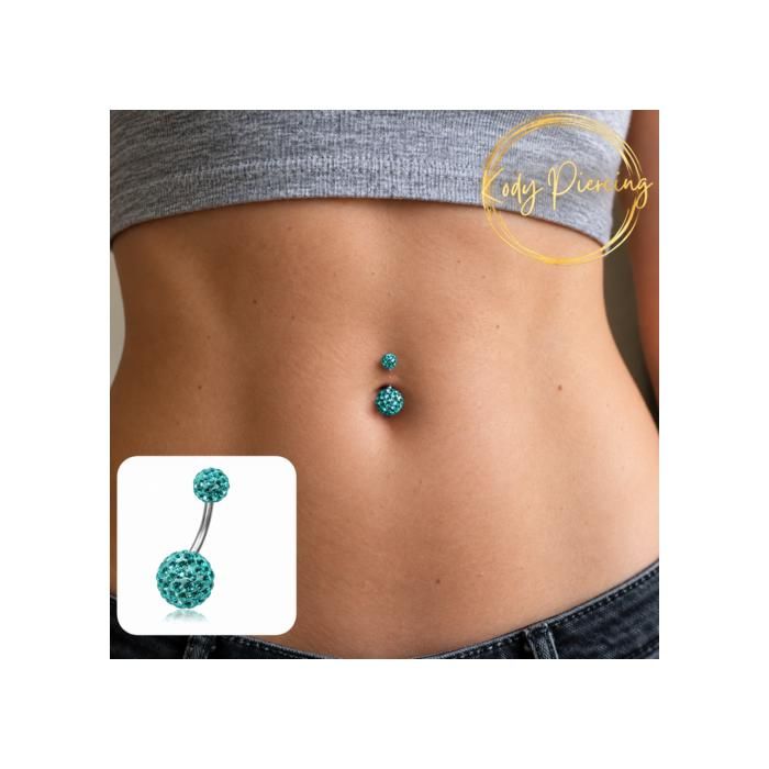 KODY PIERCING Piercing Nombril Double Boule Cristal Bleu Turquoise Acier Chirurgical 316L - Raffinement Bohème et Confor