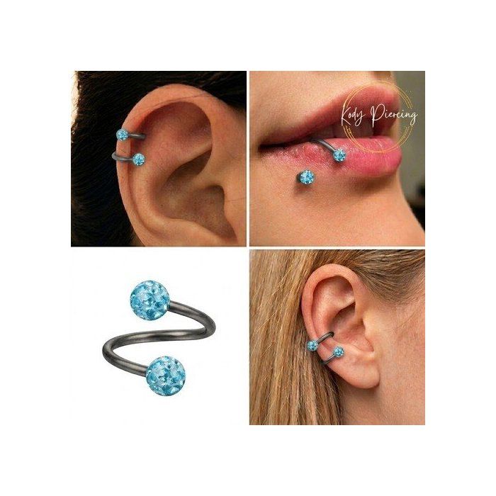KODY PIERCING Spirale Twister Acier 316L 2 Boules Cristaux Bleu Turquoise Résine Diamètre 8mm