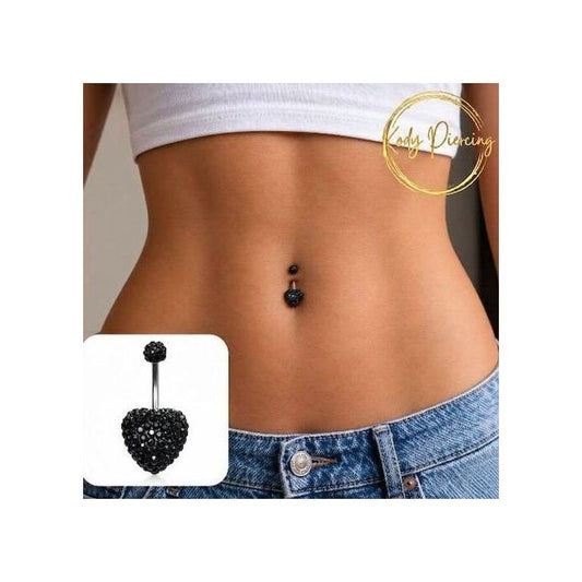 KODY PIERCING Piercing Nombril Cœur Cristal Noir Pavé Acier Chirurgical 8mm - Mystère Gothique et Éclat Intense