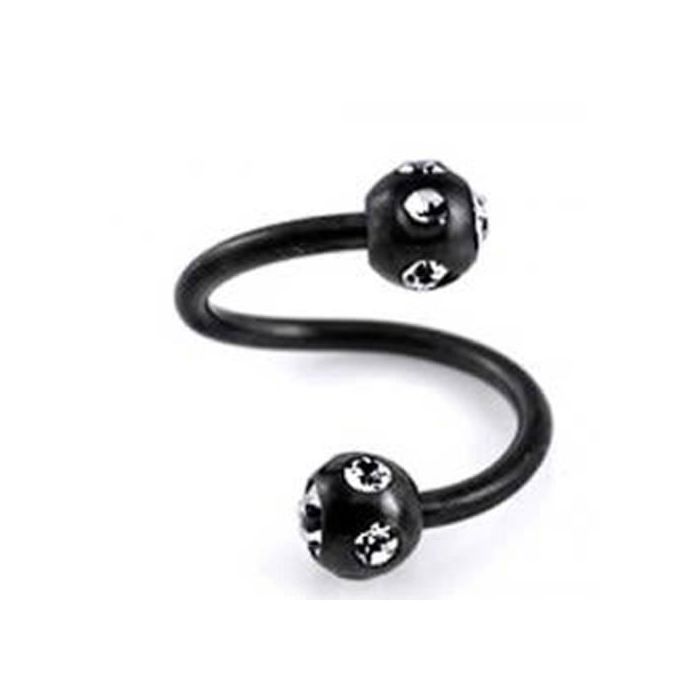 KODY PIERCING Spirale Twister Noir Anodisé 3 Boules Disco Cristaux Acier 316L Style Édgy 8mm