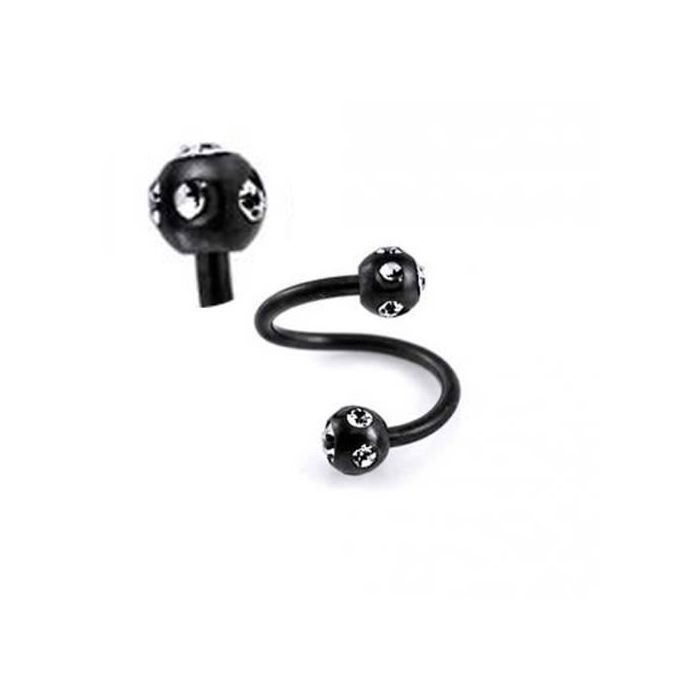 KODY PIERCING Spirale Twister Noir Anodisé 3 Boules Disco Cristaux Acier 316L Style Édgy 8mm