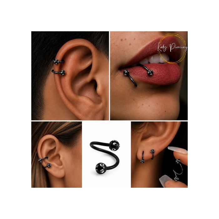 KODY PIERCING Spirale Twister Noir Anodisé 3 Boules Disco Cristaux Acier 316L Style Édgy 8mm