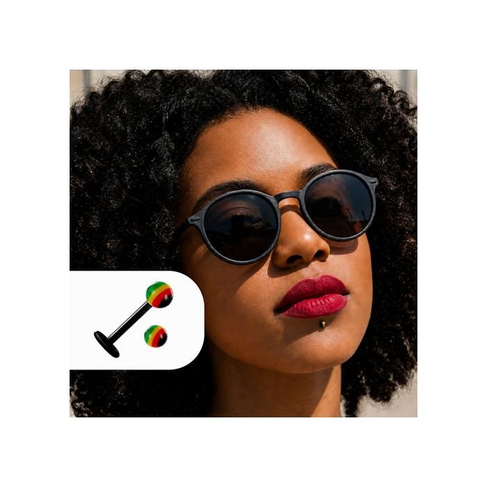 KODY PIERCING Labret Boule Rasta Jamaïque Noir Acrylique 6mm — Style Affirmé, Port Audacieux
