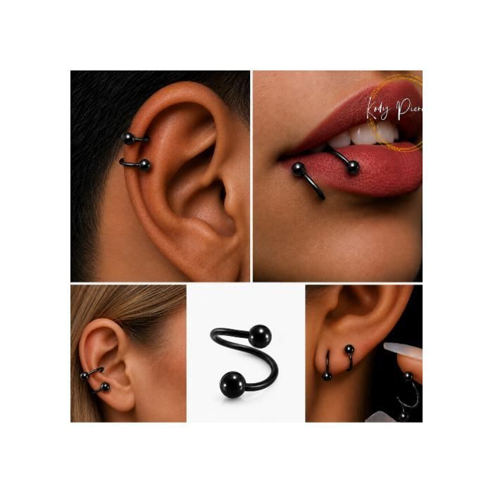 KODY PIERCING Piercing Labret Anneau Spirale Twister Acier 316L Anodisé Noir Boule Lisse 6mm Style Dark Minimaliste