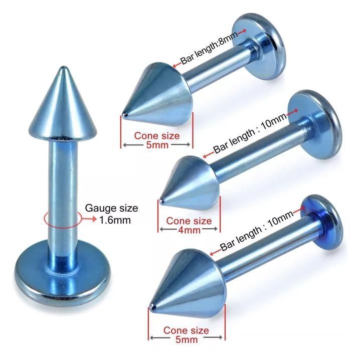 KODY PIERCING Labret Titane G23 Bleu Motif Cône Tige 8 mm - Style Affirmé et Éclat Captivant