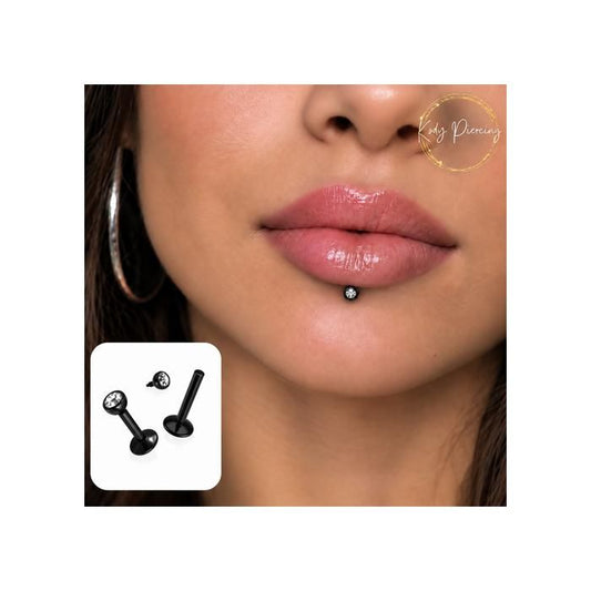 KODY PIERCING Labret Acier Noir Anodisé Cristal Serti Tige 8 mm - Style Affirmé et Éclat Captivant