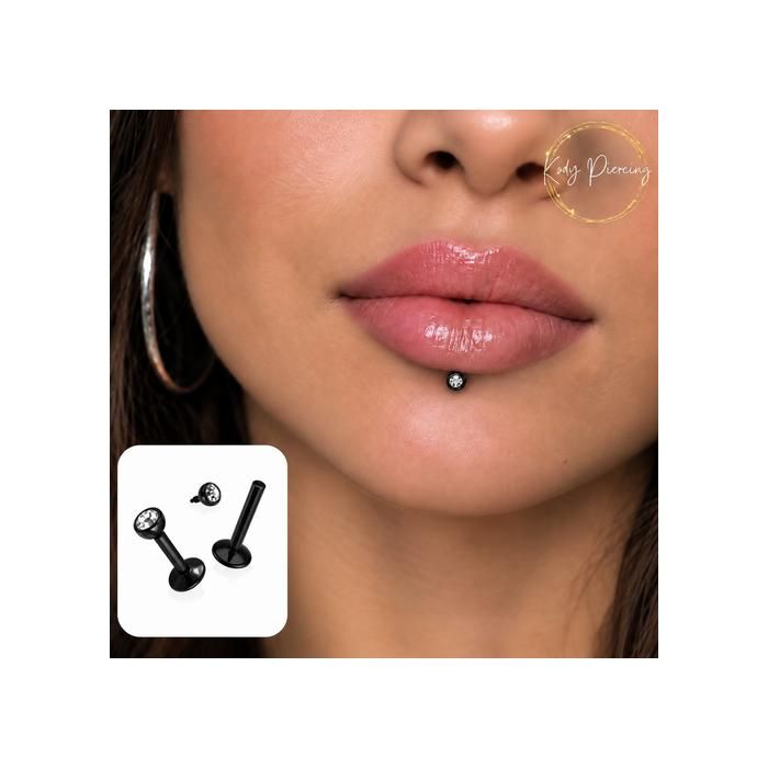 KODY PIERCING Piercing Labret Noir Anodisé 10 mm Tête Cristal - Bijou Chic et Discret KODY PIERCING