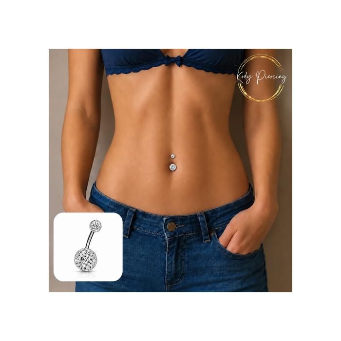 KODY PIERCING Piercing Nombril 2 Boules Pavées Cristal Blanc Acier Chirurgical 10mm - Pureté Scintillante et Éclat Luxue