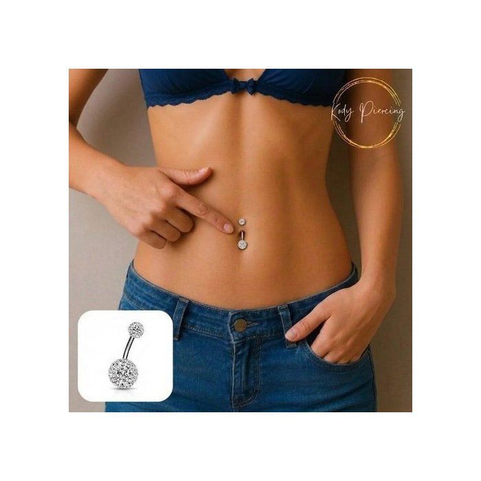 KODY PIERCING Piercing Nombril 2 Boules Pavées Cristal Blanc Acier Chirurgical 10mm - Pureté Scintillante et Éclat Luxue