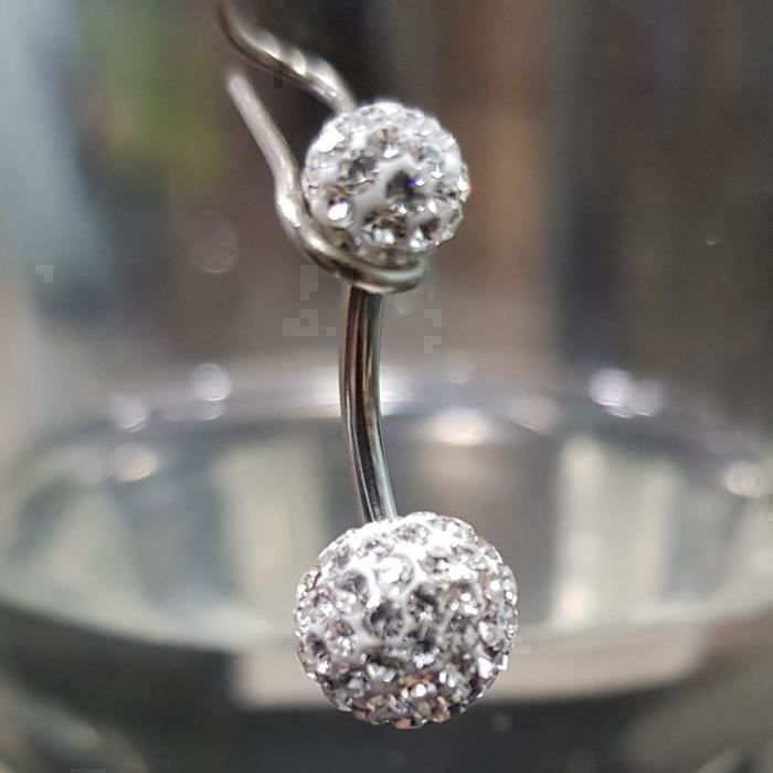 KODY PIERCING Piercing Nombril 2 Boules Pavées Cristal Blanc Acier Chirurgical 10mm - Pureté Scintillante et Éclat Luxue