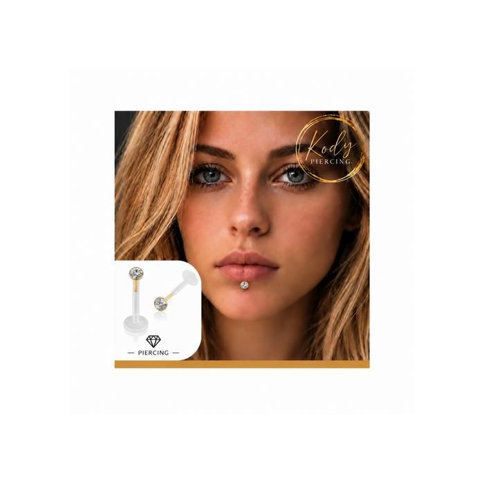 KODY PIERCING Bijou Labret Lèvres Tête Zircon Cubique Rond Or 14 Carats - Élégance et Confort KODY PIERCING