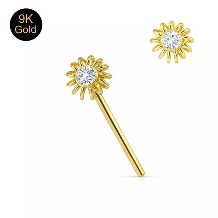 KODY PIERCING Piercing Nez Or Massif 9 Carats Fleur Zircon Cubique 22G 10 mm - Raffinement Floral et Pureté Lumineuse