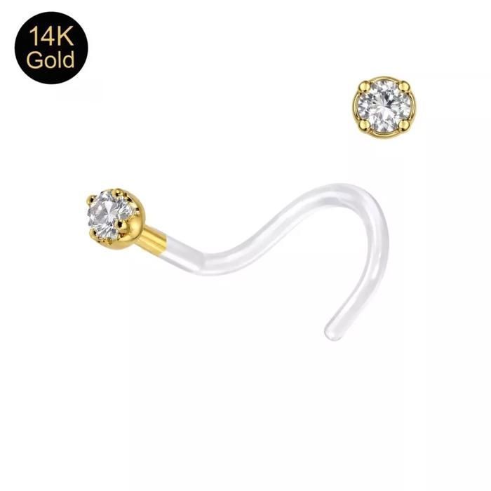 KODY PIERCING Piercing Nez - Plastique Flexible - Or 14 Carats - Zircon Cubique 2.3mm - Jaune - Brillance Raffinée et Ad