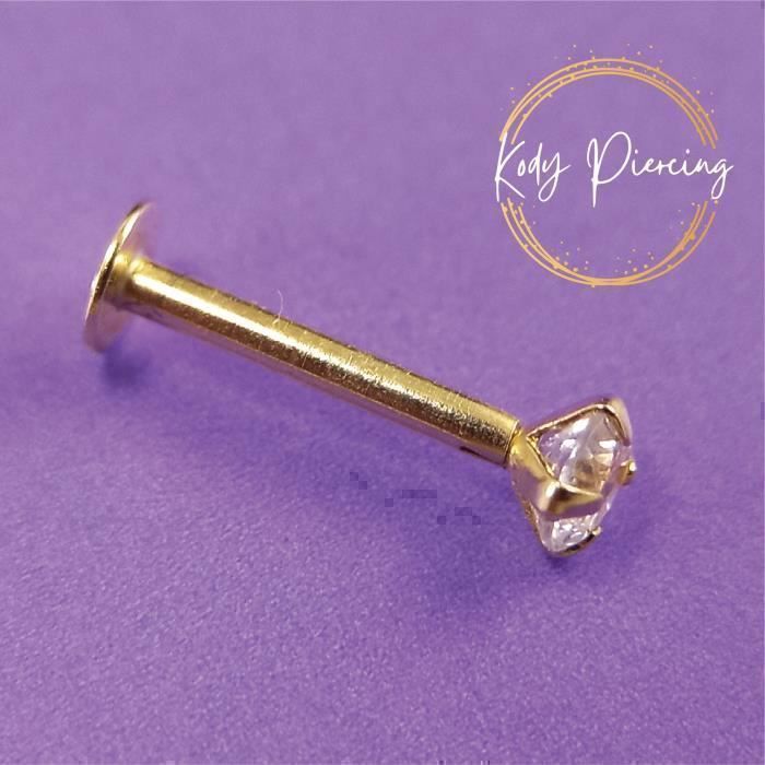 KODY PIERCING Piercing Labret Lèvres - Or Jaune 14 Carats Creux - Zircon Cubique 2mm serti 4 griffes - Style Affirmé et 