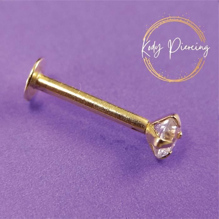 KODY PIERCING Bijou Pierre Précieuse Piercing 8mm Labret Lèvre - Or Jaune Creux 14 Carats - Zircon CZ 2mm Serti 4 Griffe