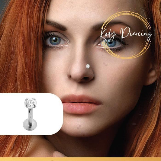 KODY PIERCING Bijou Pierre Précieuse Piercing Labret Lèvres - Or Blanc Creux 14 Carats - Zircon CZ Rond 3 mm Serti - Con