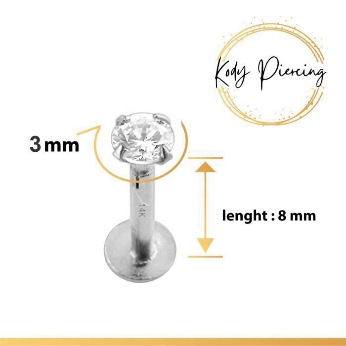 KODY PIERCING Bijou Pierre Précieuse Piercing Labret Lèvres - Or Blanc Creux 14 Carats - Zircon CZ Rond 3 mm Serti - Con