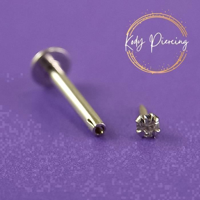KODY PIERCING Bijou Pierre Précieuse Piercing Labret Lèvres - Or Blanc Creux 14 Carats - Zircon CZ Rond 3 mm Serti - Con
