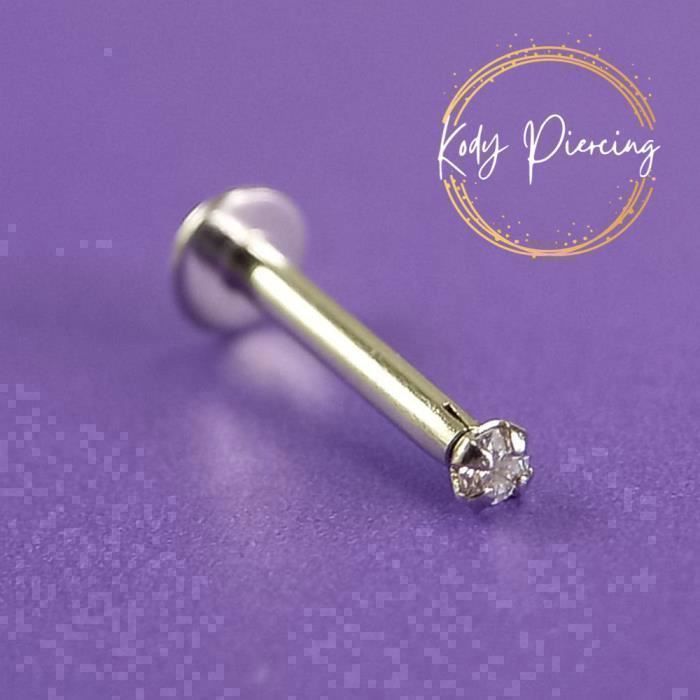 KODY PIERCING Bijou Pierre Précieuse Piercing Labret Lèvres - Or Blanc Creux 14 Carats - Zircon CZ Rond 3 mm Serti - Con
