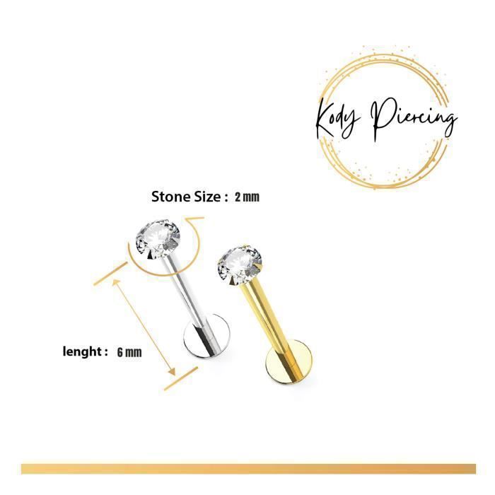 KODY PIERCING Piercing Labret de Lèvre - Tête Or 14 Carats Jaune Massif - Cristal 2mm - Élégance Poétique et Légèreté Ab