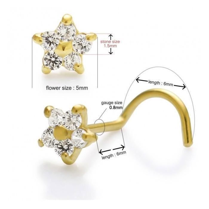 KODY PIERCING Bijou Piercing Nez Or 14 Carats Jaune Massif Fleur Zircon Cubique CZ - 20G 6 mm - Douceur Florale et Éclat
