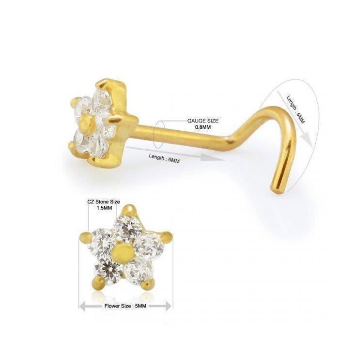 KODY PIERCING Bijou Piercing Nez Or 14 Carats Jaune Massif Fleur Zircon Cubique CZ - 20G 6 mm - Douceur Florale et Éclat
