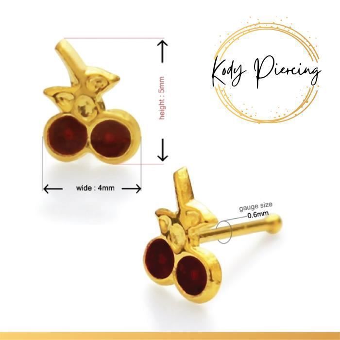 KODY PIERCING Piercing Nez Stud KODY PIERCING Or 14 Carats Cerises Zircon Rouge 5x4 mm 6 mm - Douceur Fruitée et Éclat G