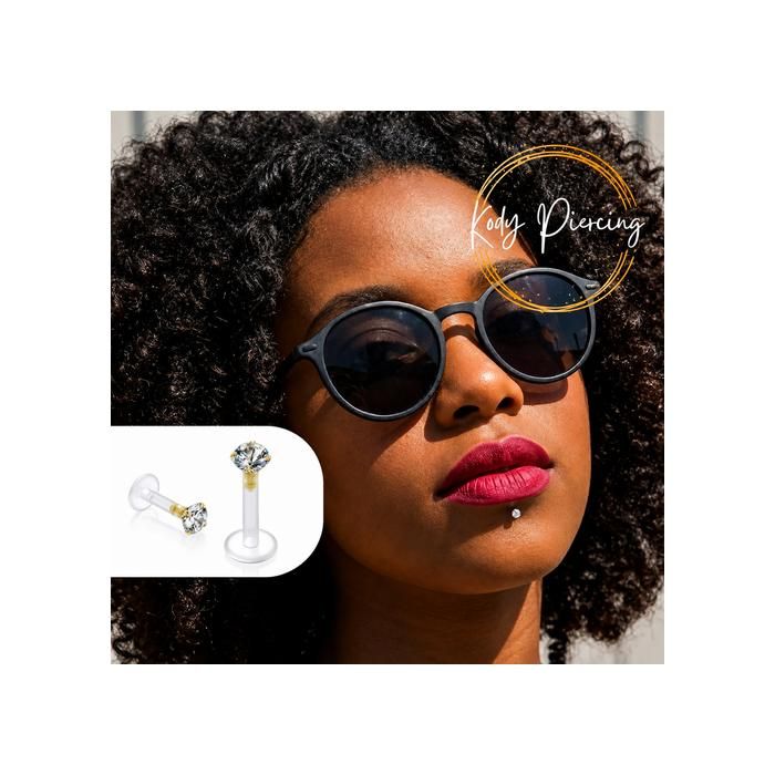 KODY PIERCING Piercing Labret Bioflex Cristal Rond Serti en Plaqué Or Tige 6mm