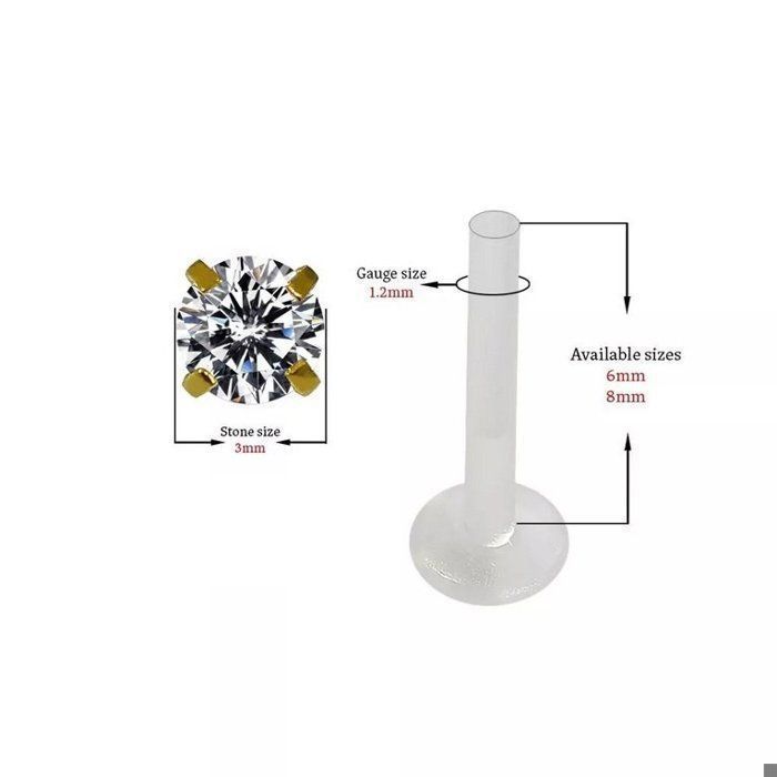 KODY PIERCING Piercing Labret Bioflex Cristal Rond Serti en Plaqué Or Tige 6mm